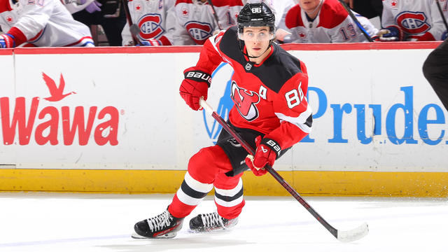 Jack Hughes #86 of the New Jersey Devils skates in the first period of the game against the Montreal Canadiens at the Prudential Center on November 7, 2024 in Newark, New Jersey. 