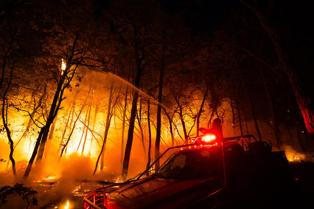 Water is spraying from a firetruck toward flames in a forest 