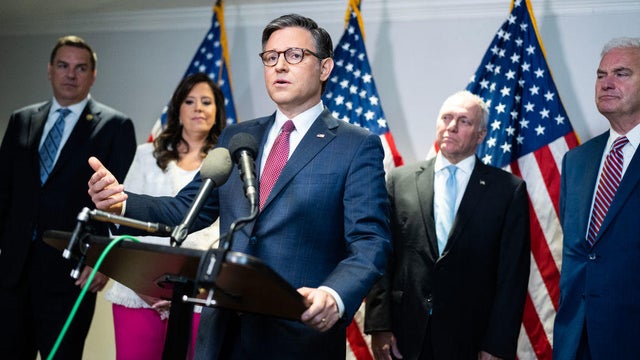Speaker of the House Mike Johnson conducts a news conference at the Republican National Committee after a House Republican Conference meeting with former President Donald Trump June 13, 2024 in Washington, DC. 