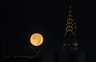 The Hunter's Supermoon sets over Manhattan, New York 