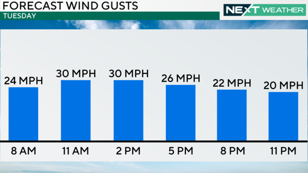 A weather graphic showing that wind gusts are forecast to range from 20 to 30 miles per hour on Tuesday 