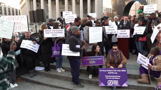 Dozens of people rally in Foley Square holding signs reading, "Stop prison sex abuse." 