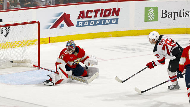 Timo Meier #28 of the New Jersey Devils scores in the second period past goaltender Spencer Knight #30 of the Florida Panthers at the Amerant Bank Arena on November 12, 2024 in Sunrise, Florida. 