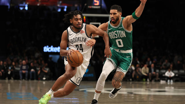 Cam Thomas #24 of the Brooklyn Nets drives against Jayson Tatum #0 of the Boston Celtics in the first half at Barclays Center on November 13, 2024 in New York City. 