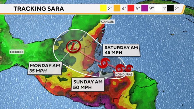 Map shows the forecast path of Tropical Storm Sara in Central America 