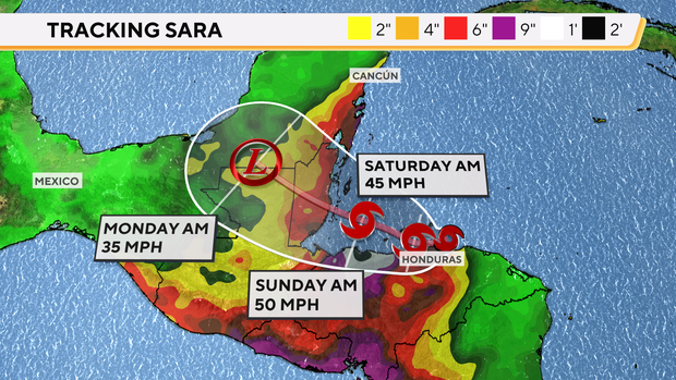 Map shows the forecast path of Tropical Storm Sara in Central America