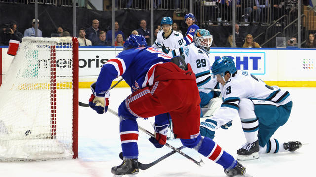 Mika Zibanejad #93 of the New York Rangers scores his second period goal against the San Jose Sharks at Madison Square Garden on November 14, 2024 in New York City. 