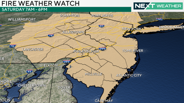 A weather map showing Delaware Valley and Lehigh Valley are under a fire weather watch on Saturday from 7 a.m. to 6 p.m. 