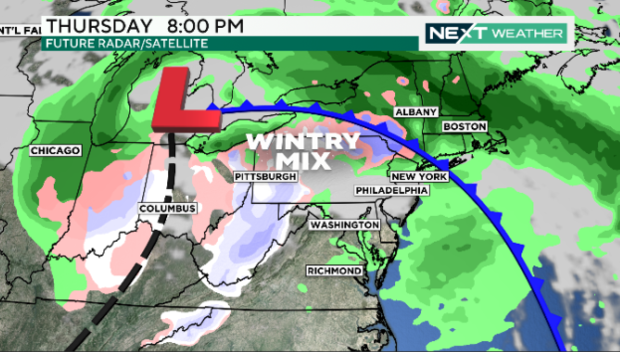 A weather map showing that parts of Western Pennsylvania and West Virginia could see snow on Thursday 