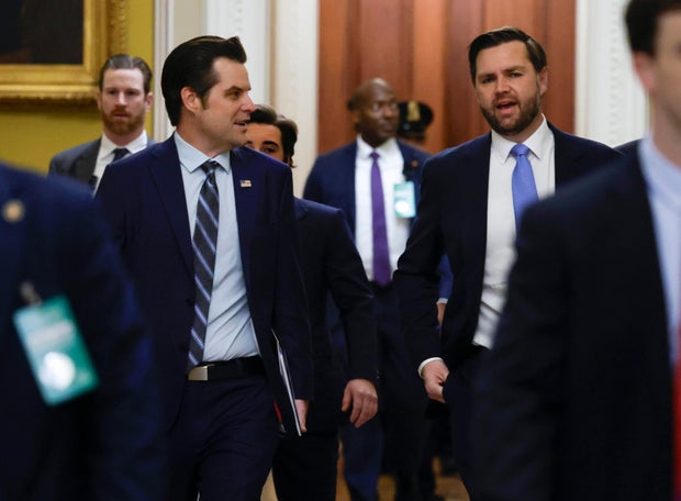 Former Rep. Matt Gaetz, President-elect Donald Trump's nominee to be Attorney General, walks with Vice President-elect JD Vance as they arrive for meetings with Senators at the U.S. Capitol on November 20, 2024 in Washington, DC. misconduct.