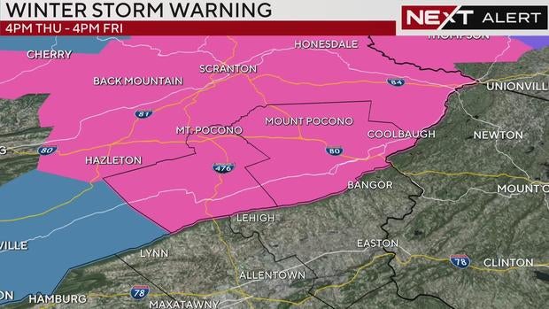 a graphic showing a map of Carbon, Monroe, Luzerne and Lackawanna counties north of the philadelphia area. The map shows the Poconos region is under a winter storm warning for potential snow from 4 p.m. Thursday to 4 p.m. Friday. 