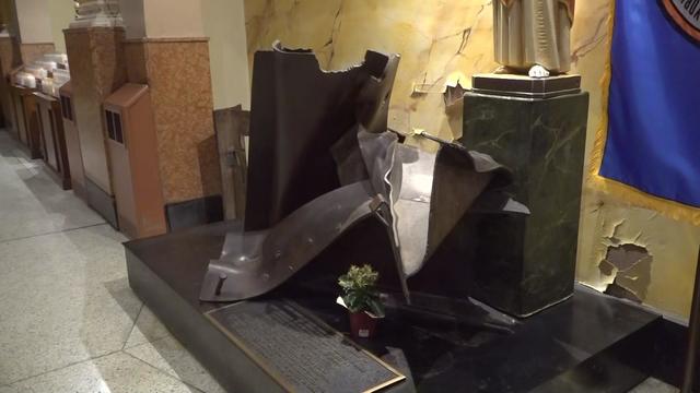 A vandalized 9/11 memorial inside a Manhattan church. 