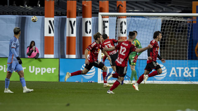 Felipe Carballo #20 of New York Red Bulls celebrates his goal in the first half of the 2024 Major League Soccer Conference Semifinal match against the New York City FC at Citi Field on November 23, 2024 in New York City. 