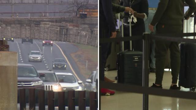 On the left, vehicles driving on a highway; on the right, travelers with suitcases at an airport. 