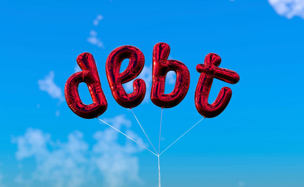 Debt balloon with blue sky , 3D render 