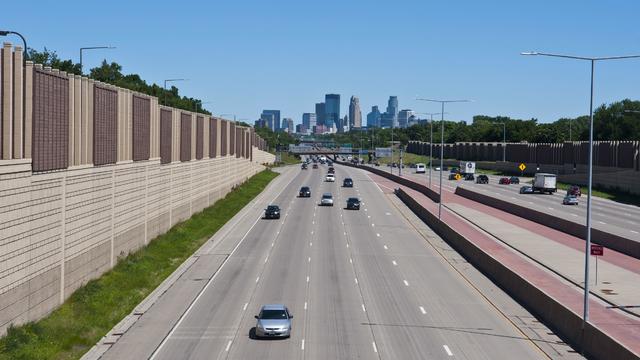 Minnesota, Minneapolis, Skyline from 46th Street I-35W Overpass 