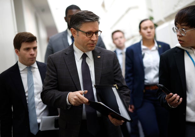Speaker of the House Mike Johnson arrives for a House Republican caucus meeting at the U.S. Capitol on November 19, 2024 in Washington, DC.