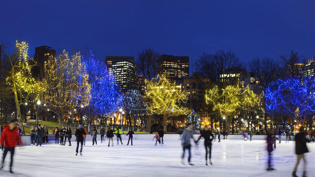 Ice skating on Boston Common during The Holidays, Boston, Massachusetts. 