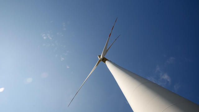 A wind turbine is seen on a wind farm in Wicko town of 