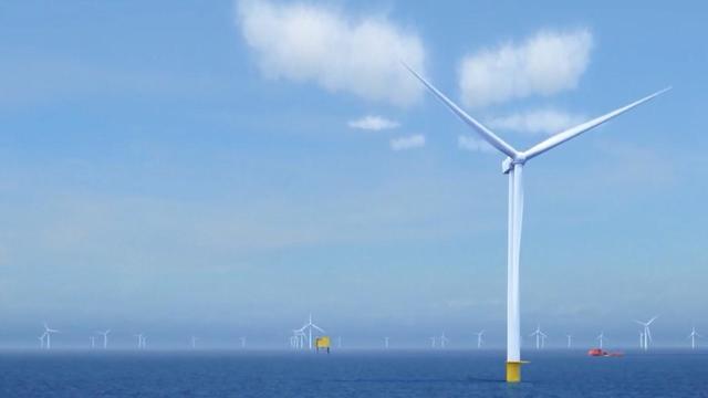 A wind turbine is seen on a wind farm in Wicko town of 