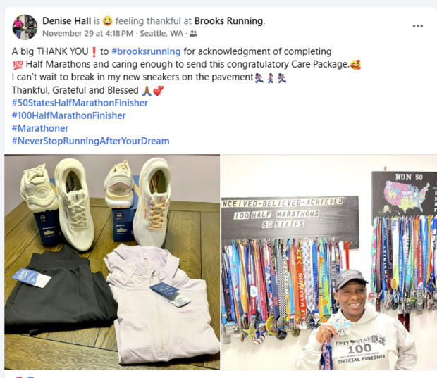 A Facebook post created by Denise Hall showing gear she received from Brooks Running and a photo of herself with her medal collection 