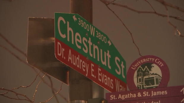 The street sign showing that a block of Chestnut Street is called Dr. Audrey E. Evans Way 