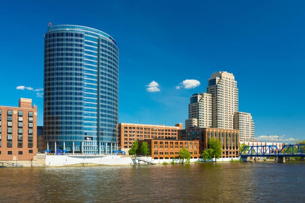 Downtown Grand Rapids buildings and Grand River 