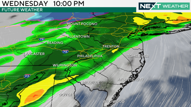 A weather map showing rain moving through the area Wednesday night 