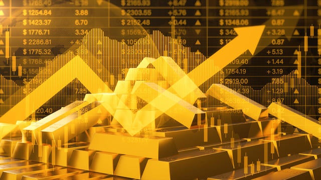 Uptrend gold investment background, Digital illustration of gold bars with an overlaying stock market graph representing wealth and investment strategies. 3d rendering 