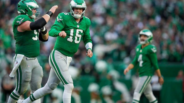 Tanner McKee smiles after throwing a touchdown pass during the Eagles game vs. Dallas Cowboys at Lincoln Financial Field 