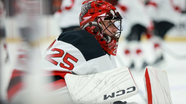 Jacob Markstrom #25 of the New Jersey Devils looks on during warmups before the game against the Anaheim Ducks at Honda Center on December 31, 2024 in Anaheim, California. 