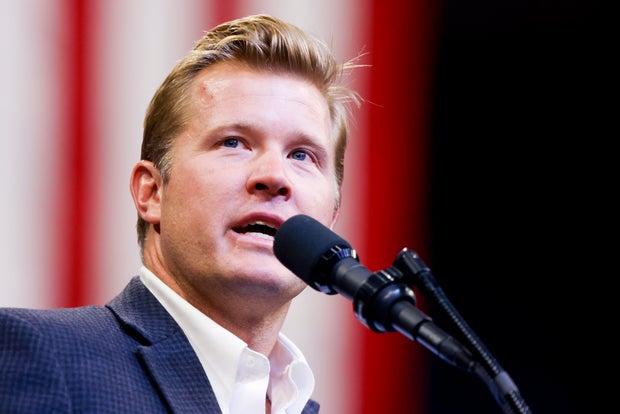 Tim Sheehy speaks in Bozeman, Montana, on Aug. 9, 2024.