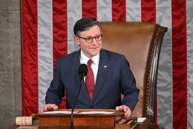 House Speaker Mike Johnson speaks after he won reelection during the first day of the 119th Congress on Jan. 3, 2025. 