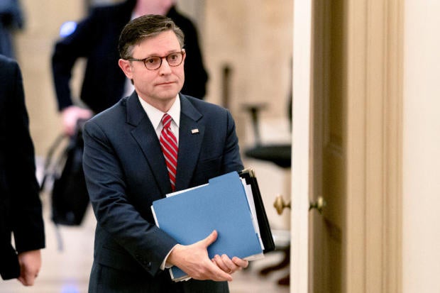 House Speaker Mike Johnson arrives at the U.S. Capitol on Friday, Jan. 3, 2025. 