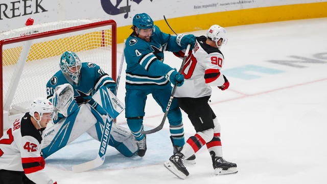 San Jose Sharks defenseman Cody Ceci (4) defends the goal during the NHL game between the New Jersey Devils and the San Jose Sharks on January 04, 2025 at SAP Center in San Jose, CA. 