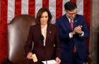 Vice President Kamala Harris and Speaker of the House Mike Johnson preside over a joint session of Congress to count the 2024 presidential electoral votes at the U.S. Capitol on Jan. 6, 2025, in Washington, D.C. 