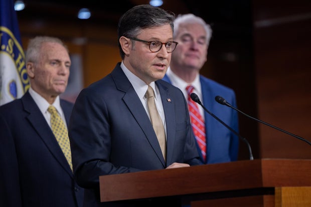 Speaker of the House Mike Johnson speaks to the press during a press conference with other members of House Republican leadership in Washington, DC on January 7, 2025.