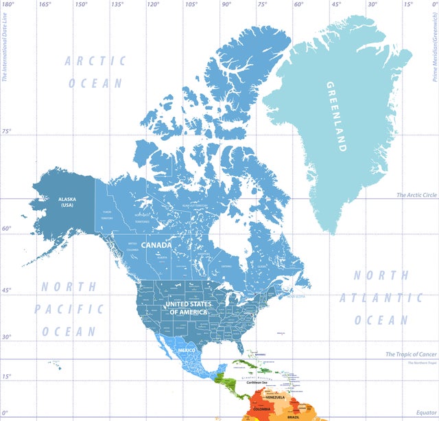 North America high detailed political map. All layers detachable and labeled. Vector 