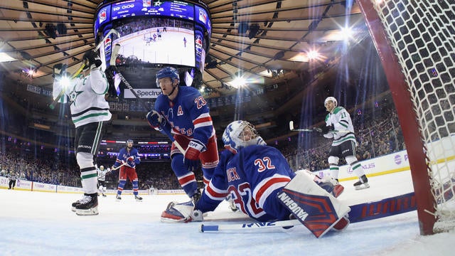 Jamie Benn #14 of the Dallas Stars celebrates his overtime goal against the New York Rangers at Madison Square Garden on January 07, 2025 in New York City. 