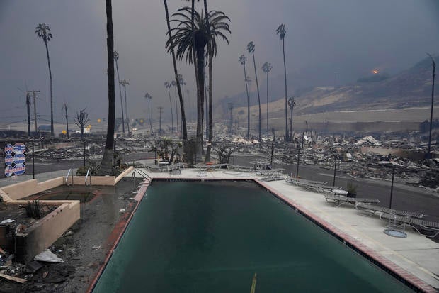 A wildfire-ravaged property in the Pacific Palisades is shown Jan. 8, 2025, after the Palisades Fire swept through the area. 