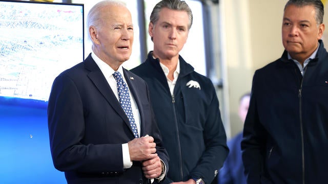 President Biden, California Gov. Gavin Newsom, and Sen. Alex Padilla, from left, attend a briefing on the recent fires at Santa Monica Fire Station #5 on Wednesday, January 8, 2025. (Christina House / Los Angeles Times via Getty Images) 