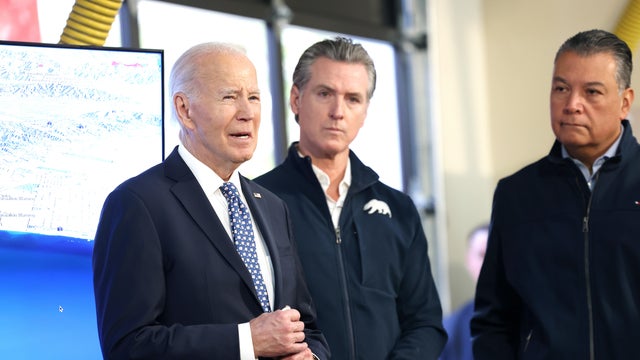 President Biden, California Gov. Gavin Newsom, and Sen. Alex Padilla, from left, attend a briefing on the recent fires at Santa Monica Fire Station #5 on Wednesday, January 8, 2025. (Christina House / Los Angeles Times via Getty Images)