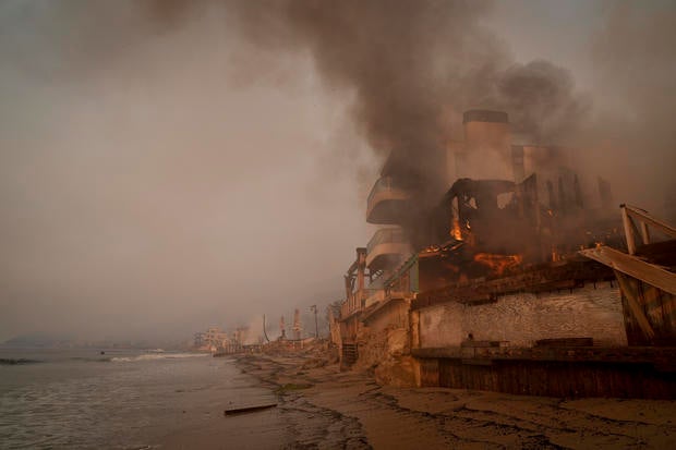 A beach front property is burned by the Palisades Fire on Thursday, Jan. 9, 2025, in Malibu, California. 