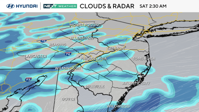 A weather map showing some spots of snow across the area Saturday at 2:30 a.m. 