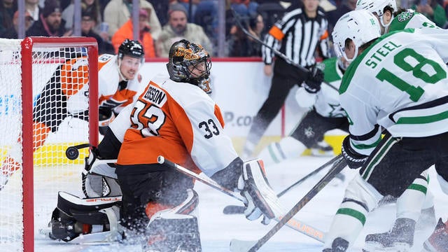 Philadelphia Flyers' Samuel Ersson (33) cannot stop a goal by Dallas Stars' Mavrik Bourque (22) during the first period of an NHL hockey game in Philadelphia 