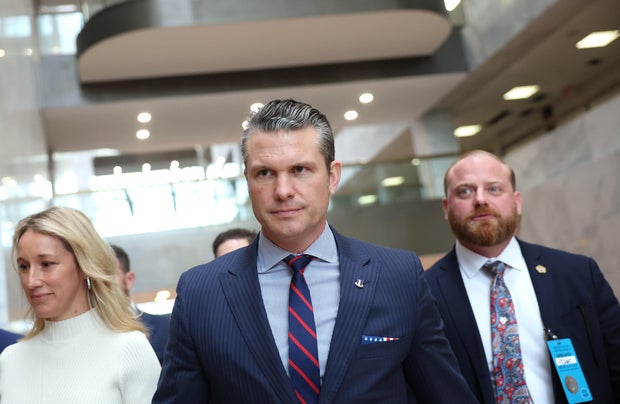 Pete Hegseth arrives for a meeting on Capitol Hill on Jan. 8, 2025.