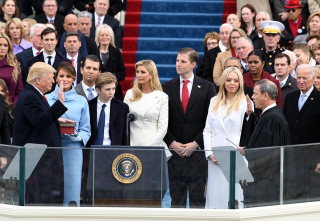 President-elect Donald Trump, left, takes the oath of office administered by Chief Justice John Roberts on Friday, Jan. 20, 2017. 