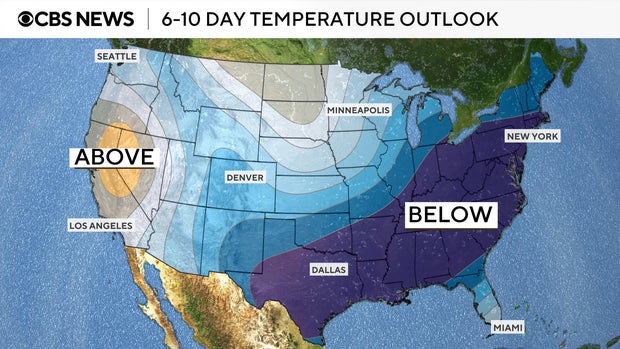 The map shows below normal temperatures in the forecast for much of the south and east.