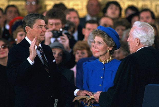 President Ronald Reagan is sworn in during inaugural ceremonies in the Capitol Rotunda on Jan. 21, 1985.