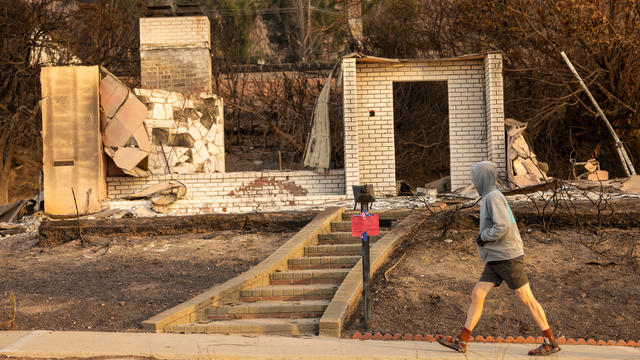 A home destroyed by the Eaton Fire is seen in Pasadena, California, Jan. 17, 2025. 